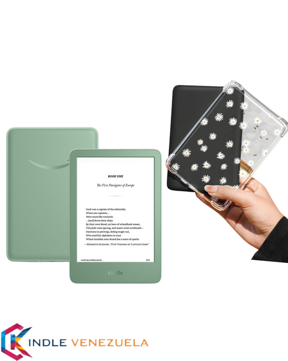 Kindle Básico 2024 Matcha + Funda Transparente con Flores