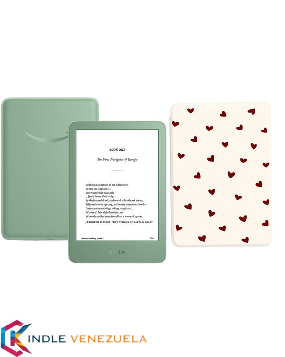 Kindle Básico 2024 Matcha + Funda con Diseño Corazones